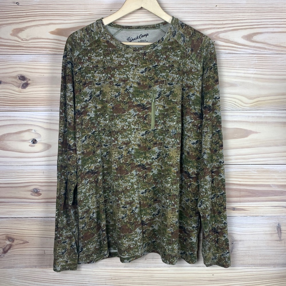 Duck Camp Wingshooting Shirt Mens XL Green Camo Long Sleeve Zip Pocket Hunting